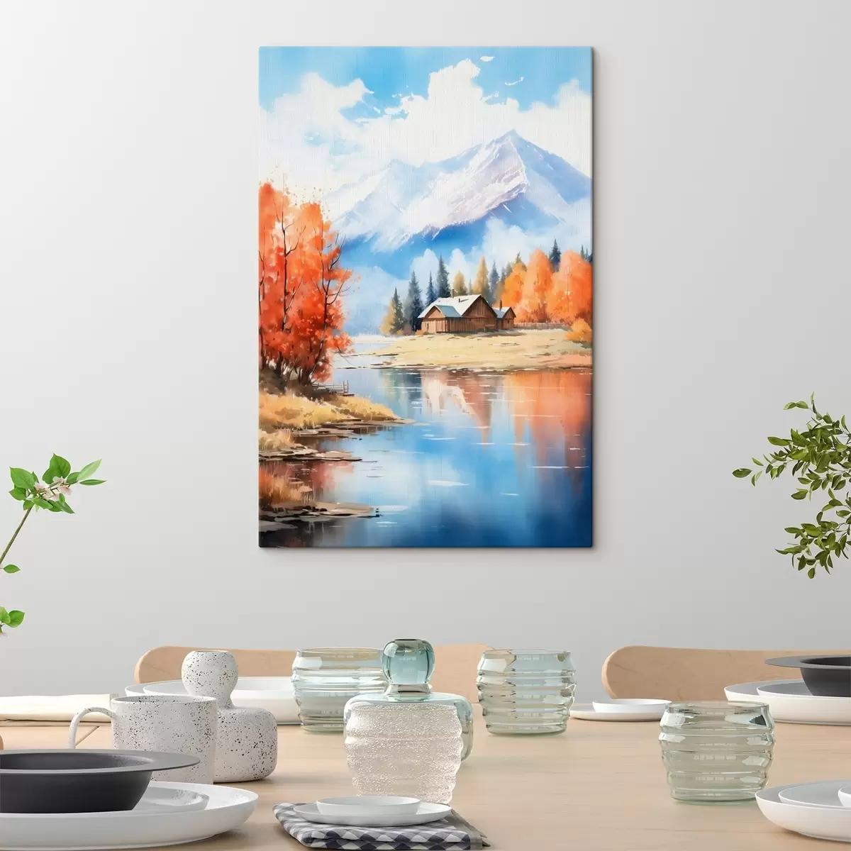 Pilt Sügisene maastik järve ääres koos majaga ja mägedega s46184