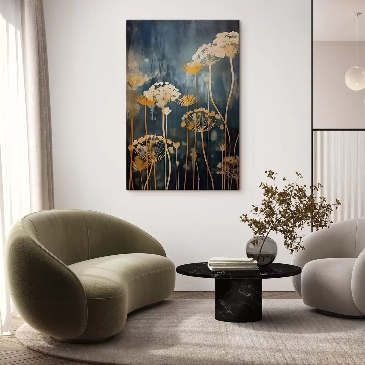 Pilt Stiilse kujundusega õied õhukeste vartega tumedal taustal s46188