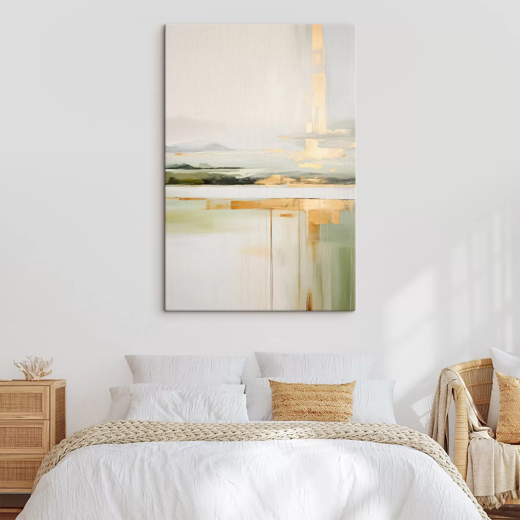 Fototapeedid Abstraktne maastik kollaste aktsentidega, minimalistlik kompositsioon maast, veest ja taevast, vaoshoitud värvidega s46268