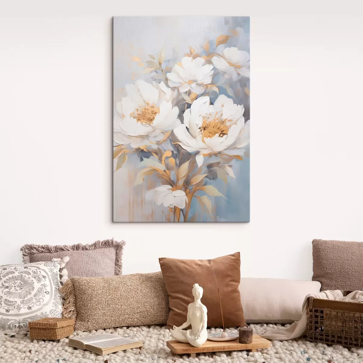 Pilt Valged pioonid kollase südamikuga ja lehtedega, pehmed pintslitõmbed, helesinine taust, lillekompositsioon s46270