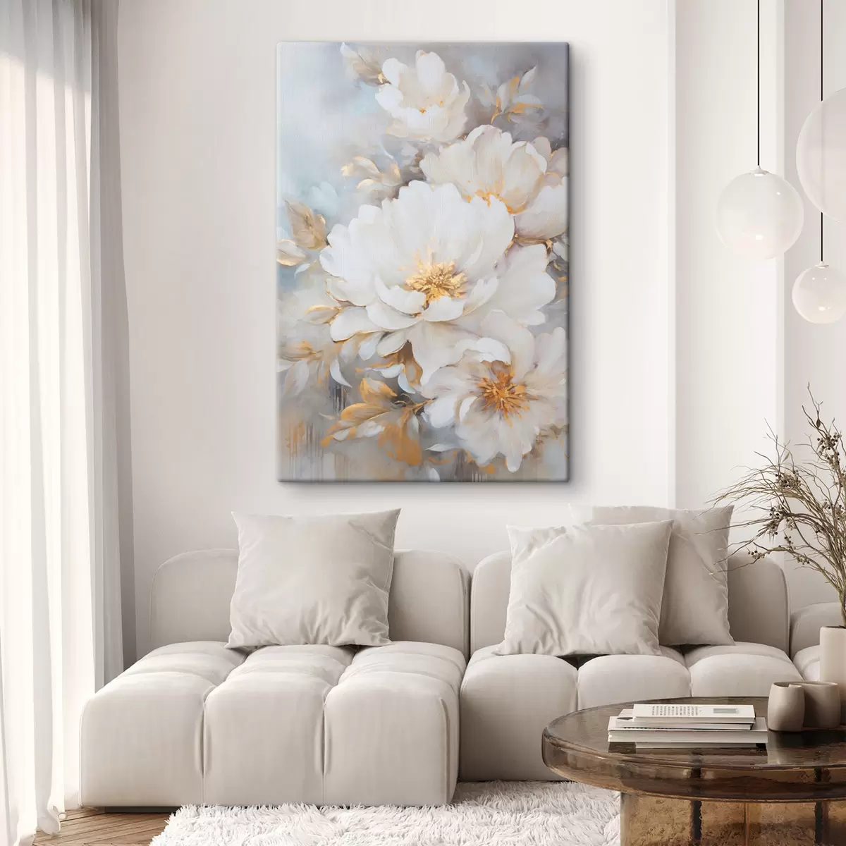 Pilt Valged pioonid kollase südamikuga ja lehtedega, pehmed pintslitõmbed, helesinine taust, lillekompositsioon s46271