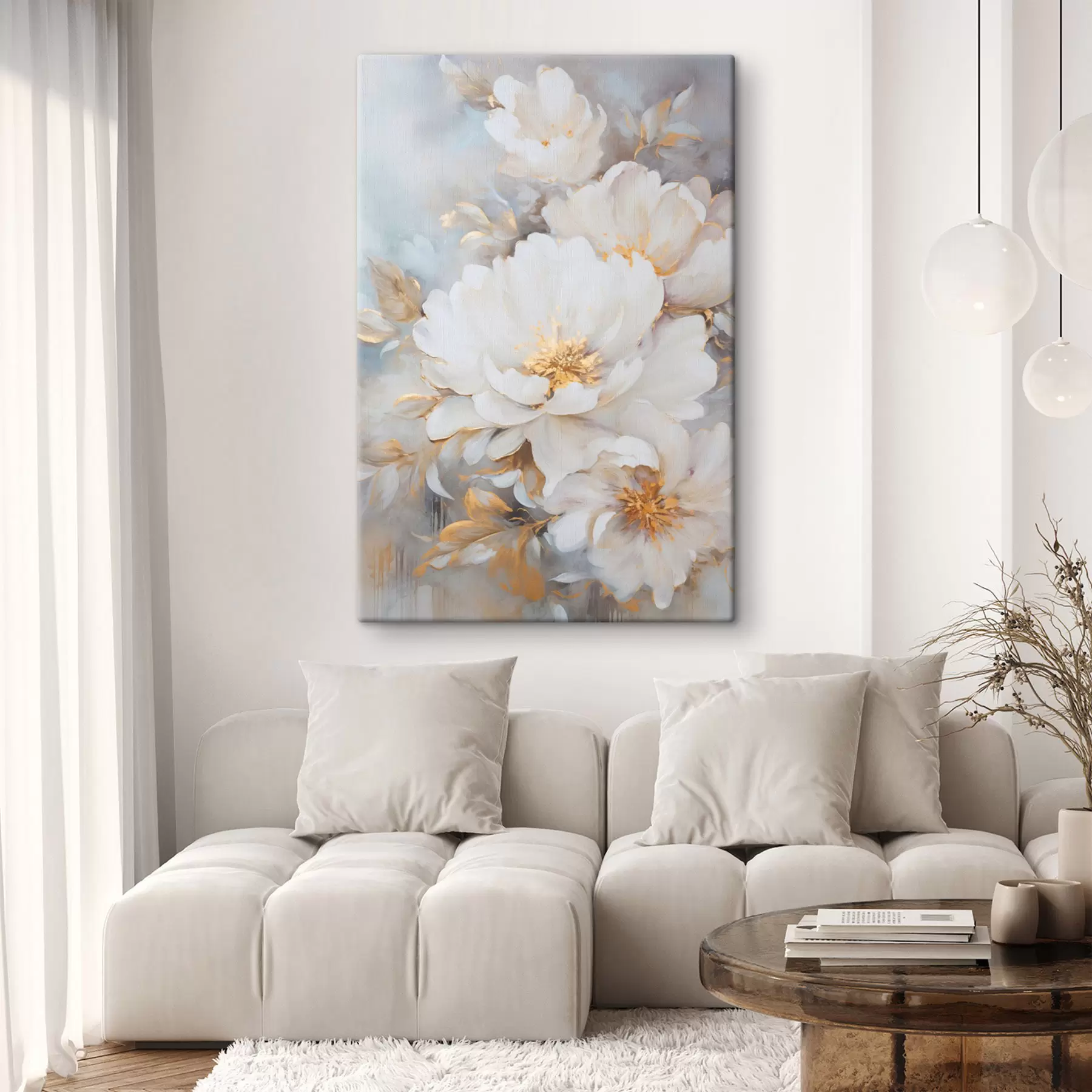 Pilt Valged pioonid kollase südamikuga ja lehtedega, pehmed pintslitõmbed, helesinine taust, lillekompositsioon s46271