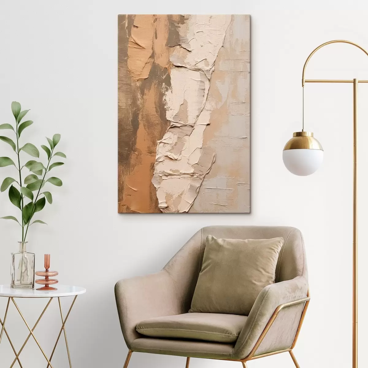 Pilt Abstraktne maal paksude pintslitõmmetega, beežide ja pruunide toonidega, tekstuurse pinnaga, neutraalsete värvidega s46272