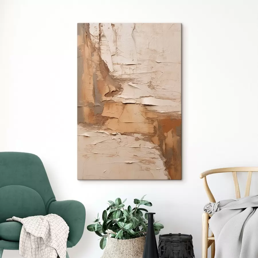Pilt Abstraktne maal paksude pintslitõmmetega, beežide ja pruunide toonidega, tekstuurse pinnaga, neutraalse värvipalettiga s46273