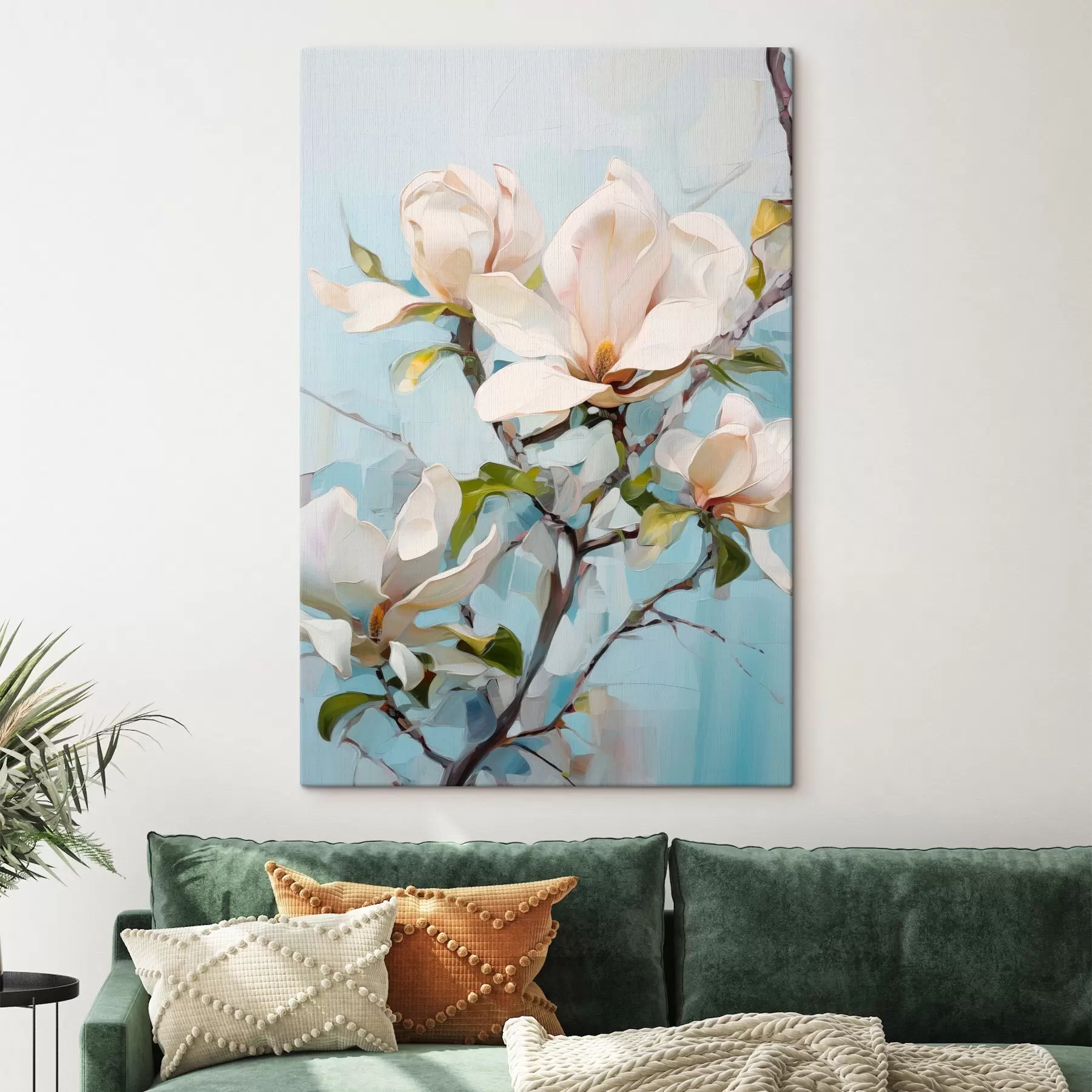 Pilt Valged magnoliaõied, helesinine taust pehme pintslitõmbega, õlimaalistiilis, impasto tekstuuriga s46277