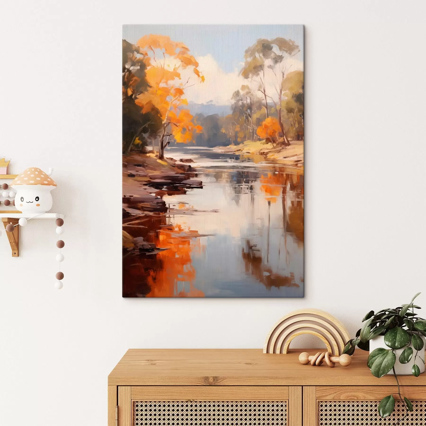 Pilt Sügisene maastik, jõgi puudega kaldal, mets taustal, peegeldused veepinnal s46280