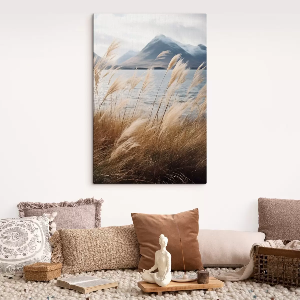Pilt Pampasrohi järve ja mägede taustal, pehme valgustus, summutatud värvid, naturalistlik stiil s46283