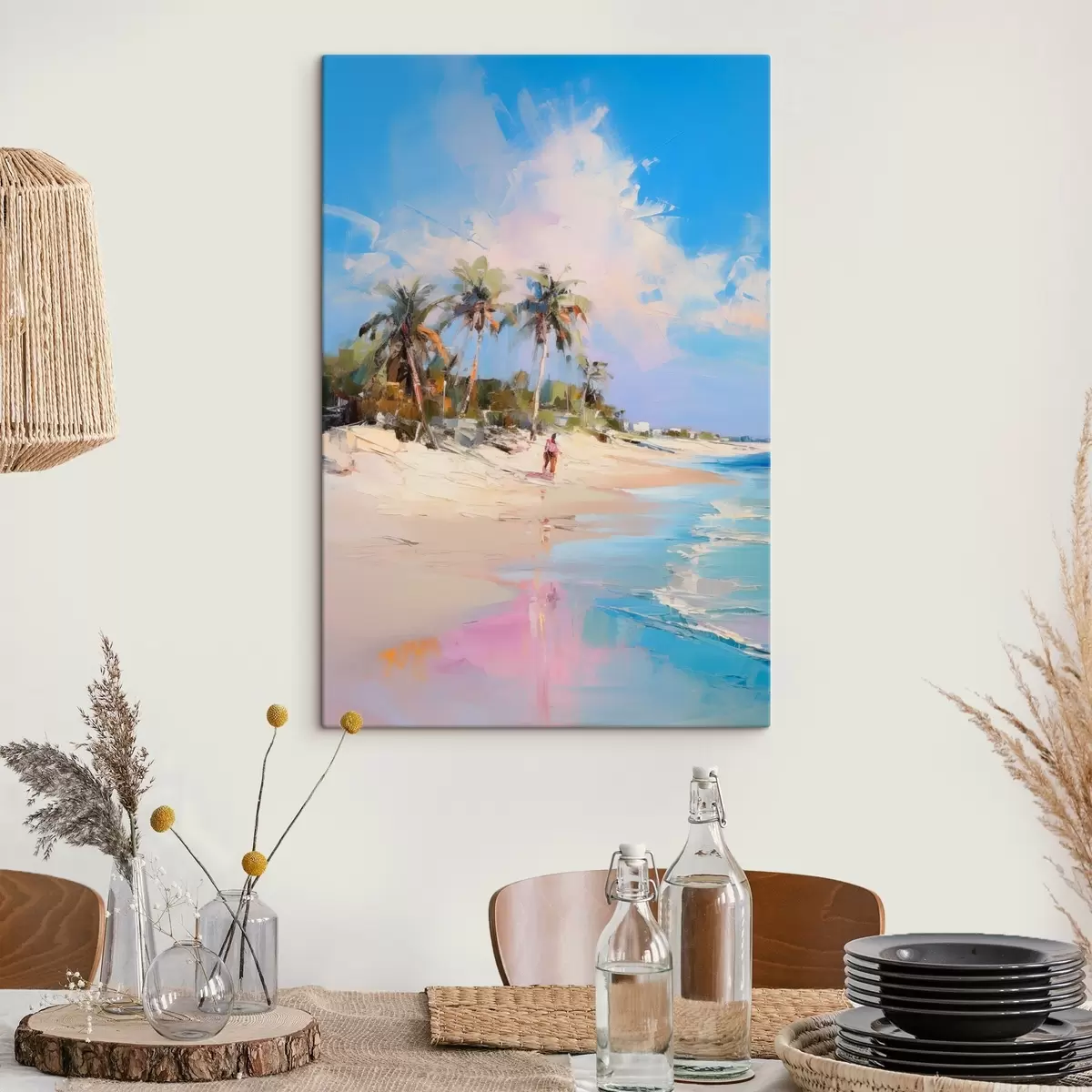 Pilt Abstraktne maastik, palmipuudega rand, päikesepaisteline päev sinise taeva ja mõne pilvega s46284