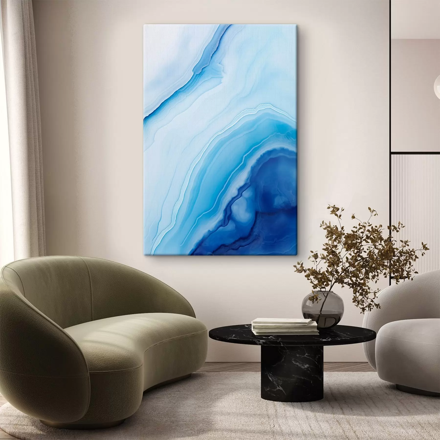 Pilt Abstraktne sinine ja valge ahhaatprint, keerlevad jooned ja gradientid, sile tekstuur, modernne kunst, minimalistlik s46290