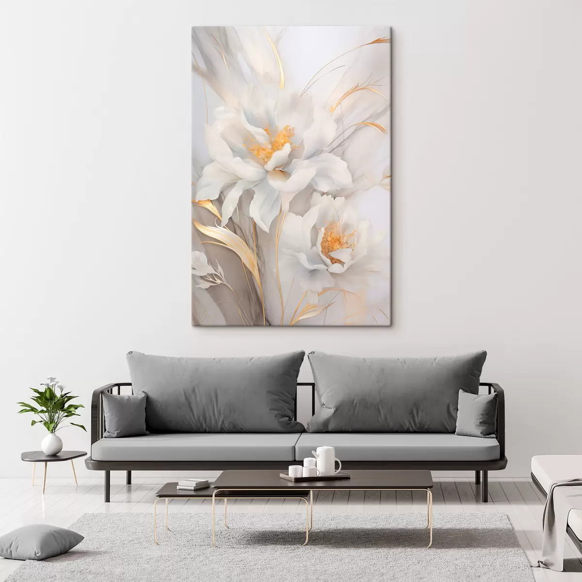 Pilt Valged õied kollaste emakate ja vartega, õrnad kroonlehed, elegantne kompositsioon, neutraalne taust s46293