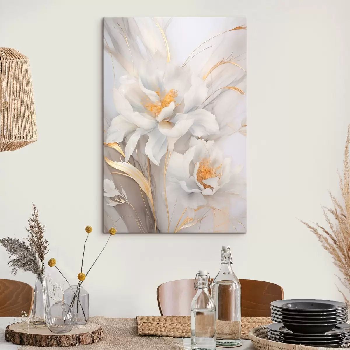 Pilt Valged õied kollaste emakate ja vartega, õrnad kroonlehed, elegantne kompositsioon, neutraalne taust s46293