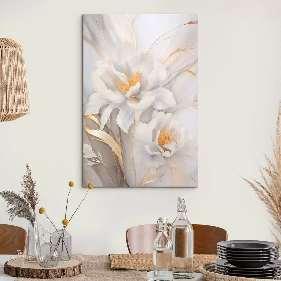 Pilt Valged õied kollaste emakate ja vartega, õrnad kroonlehed, elegantne kompositsioon, neutraalne taust s46293