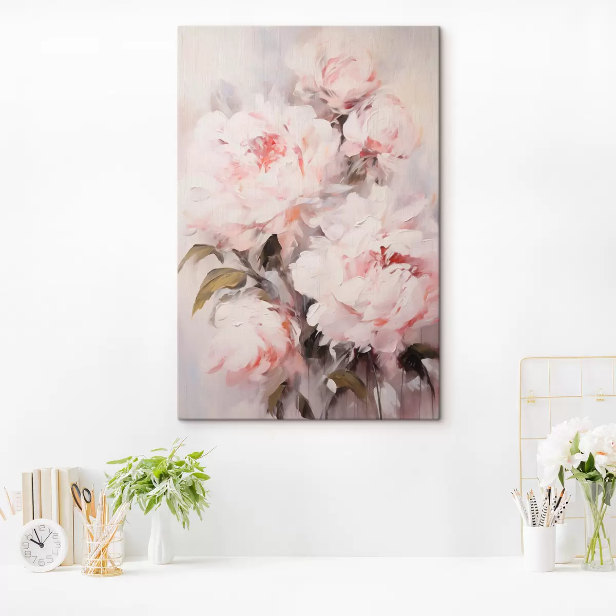 Pilt Hele roosa peonite kimp roheliste lehtedega, pehmed pintslitõmbed, pastellvärvid, hele taust s46294