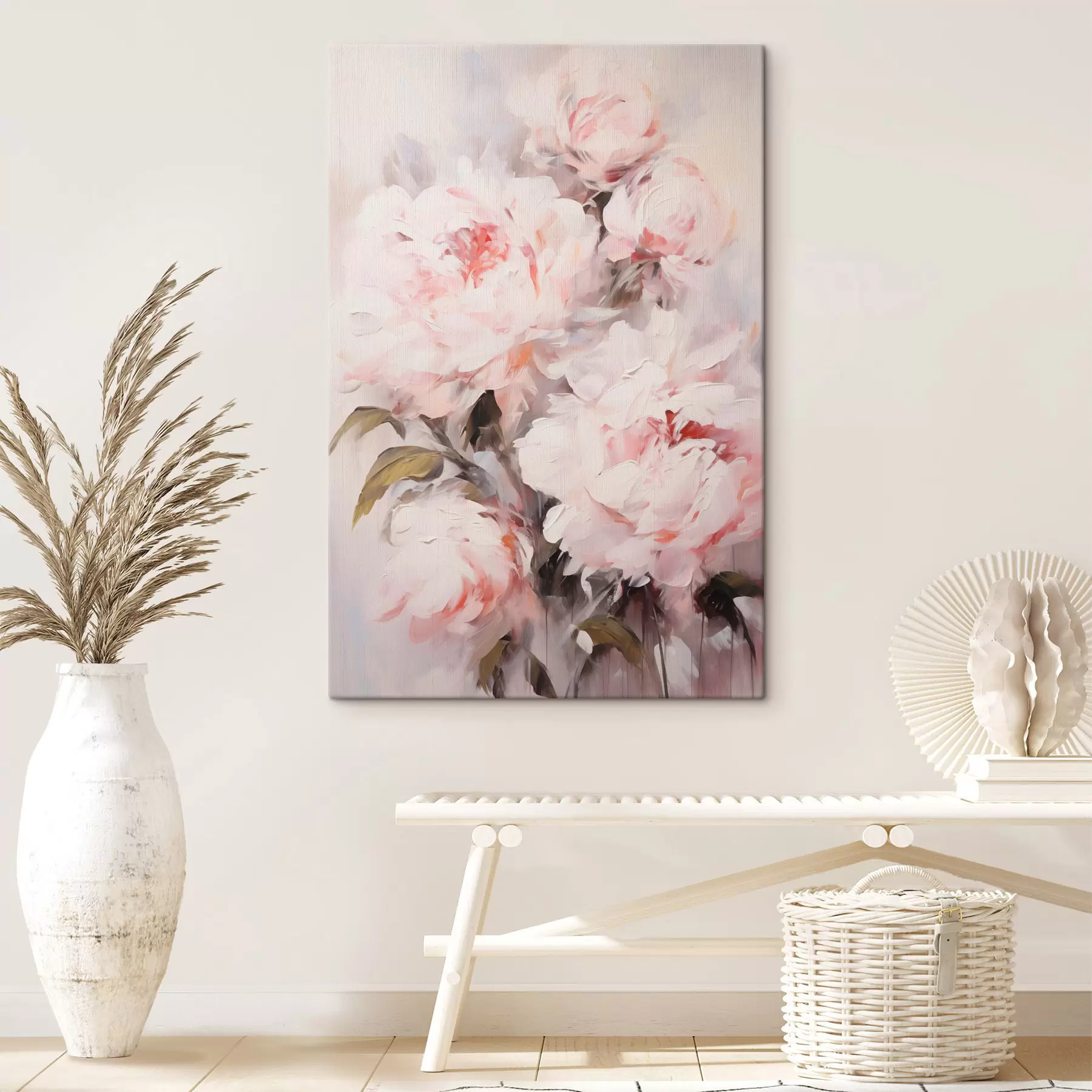 Pilt Hele roosa peonite kimp roheliste lehtedega, pehmed pintslitõmbed, pastellvärvid, hele taust s46294