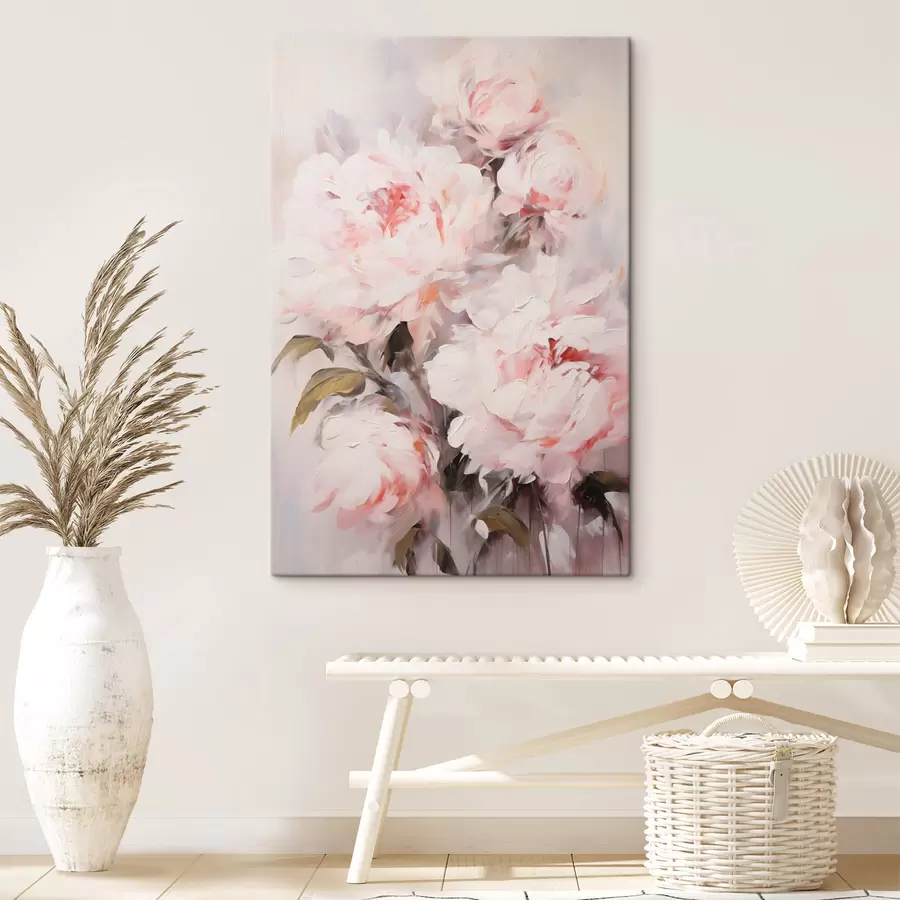 Pilt Hele roosa peonite kimp roheliste lehtedega, pehmed pintslitõmbed, pastellvärvid, hele taust s46294