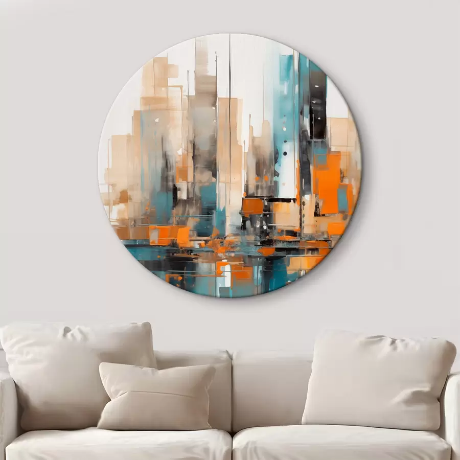 Pilt Abstraktne linnamaastik oranži, sinakasrohelise ja pruuni värvi vertikaalsete pintslitõmmetega ja geomeetriliste kujunditega r46266