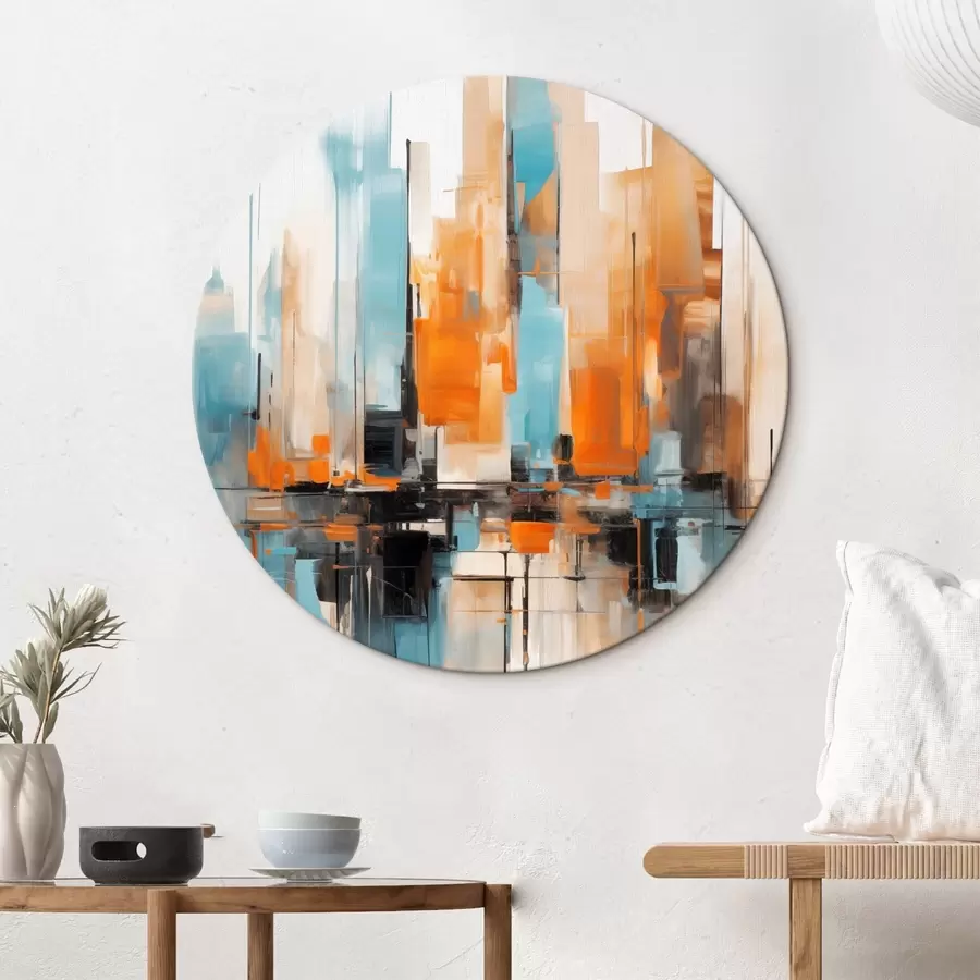 Pilt Abstraktne linnamaastik oranži, sinise ja valge toonides vertikaalsete pintslitõmmetega, maalistiil r46267