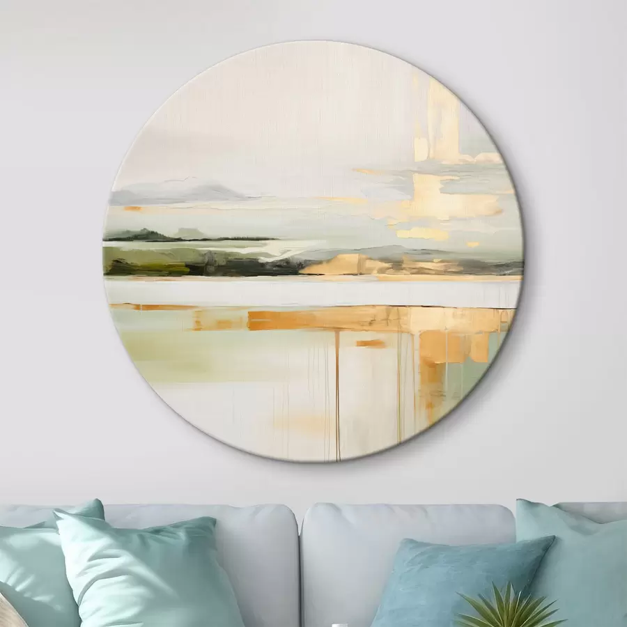 Pilt Abstraktne maastik kollaste aktsentidega, minimalistlik kompositsioon maast, veest ja taevast, vaoshoitud värvidega r46268