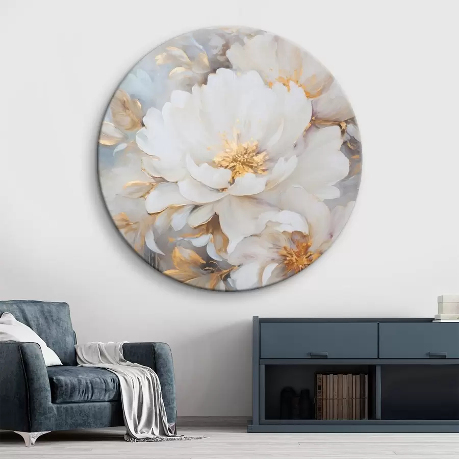 Pilt Valged pioonid sinise südamikuga ja lehtedega, pehmed pintslitõmbed, helesinine taust, lillekompositsioon r46271