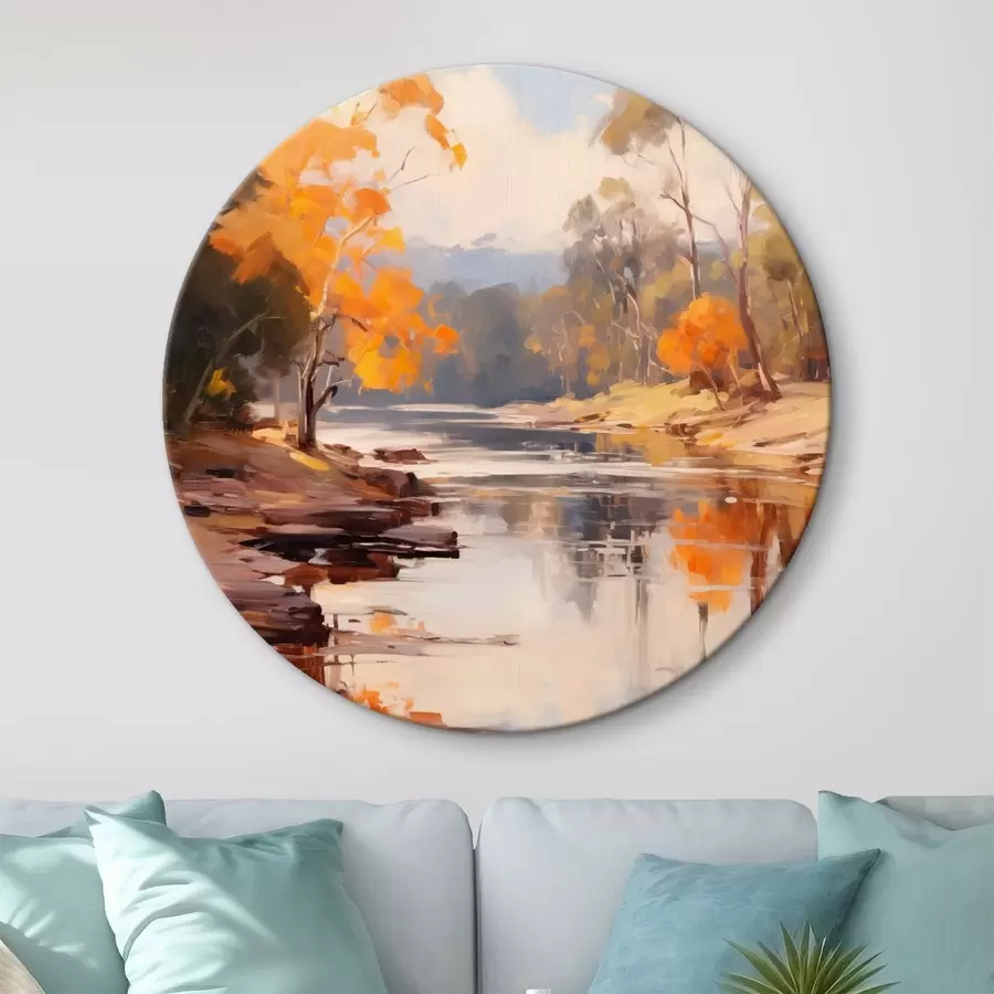 Pilt Sügisene maastik, jõgi puudega kaldal, mets taustal, peegeldused veepinnal r46280