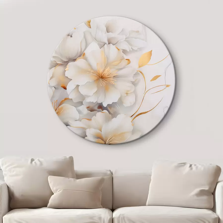 Pilt Valged lilled kollaste detailidega, õielehed peene varjundiga, hele taust peene marmoriefektiga r46292