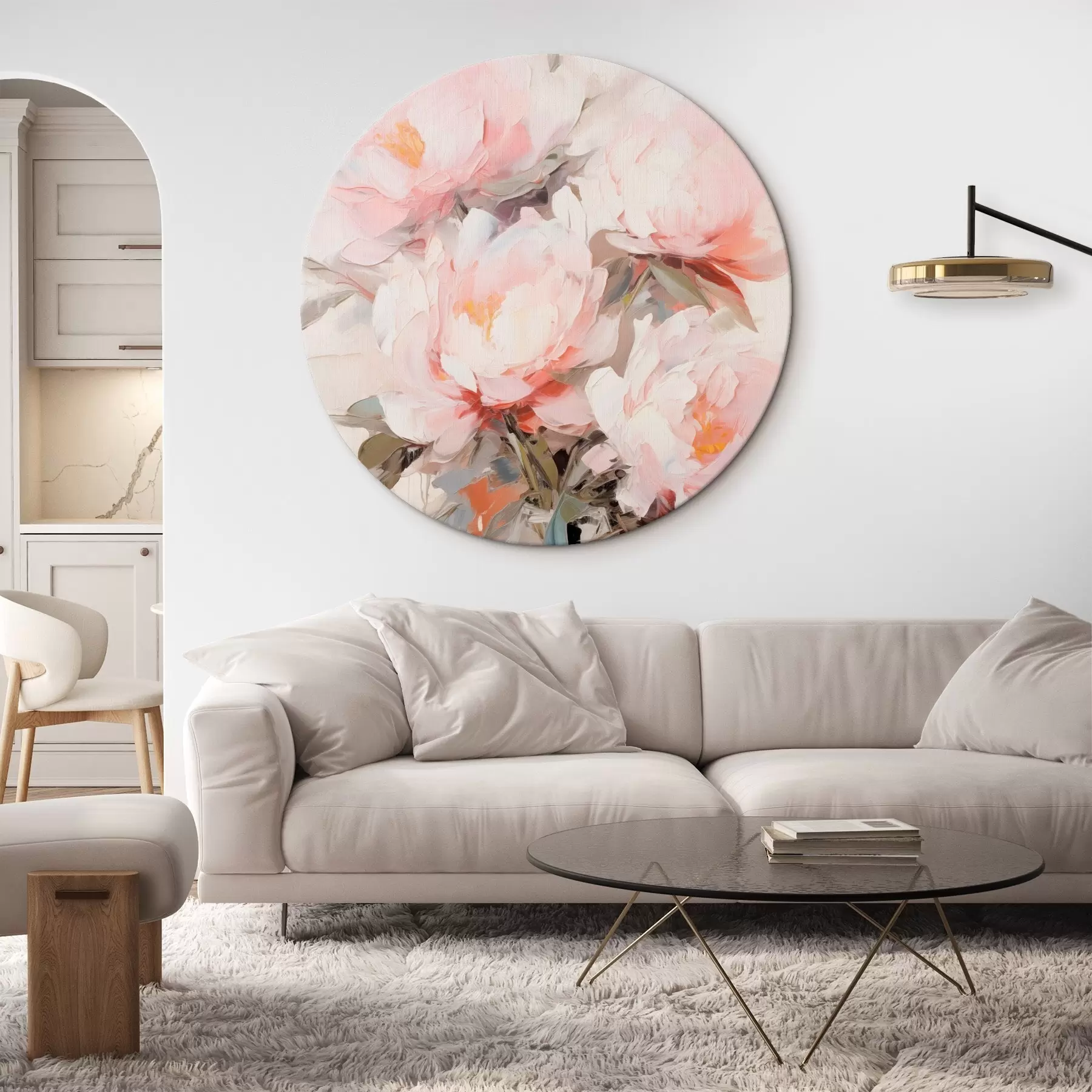 Pilt Roosa ja valge pioonide kimp klaasvaasis, pehmed pintslitõmbed, pastelltoonid, neutraalne taust r46295