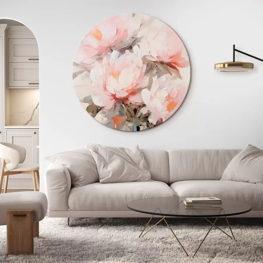 Pilt Roosa ja valge pioonide kimp klaasvaasis, pehmed pintslitõmbed, pastelltoonid, neutraalne taust r46295