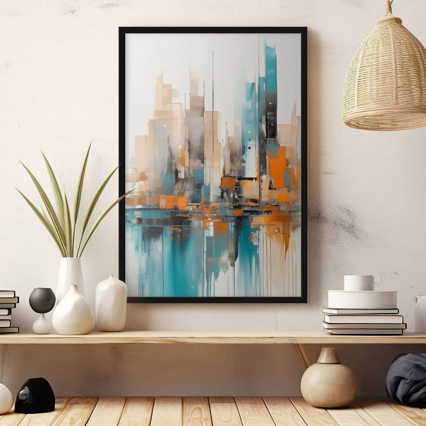 Fototapeedid Abstraktne linnamaastik oranži, sinakasrohelise ja pruuni värvi vertikaalsete pintslitõmmetega ja geomeetriliste kujunditega f46266