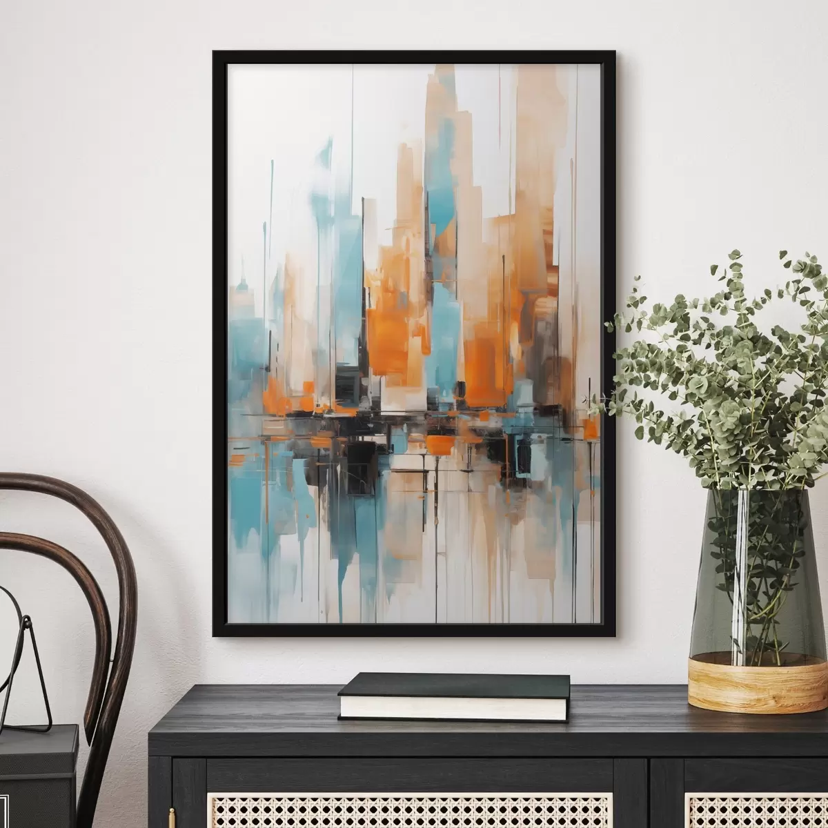 Plakat Abstraktne linnamaastik oranži, sinise ja valge toonides vertikaalsete pintslitõmmetega, maalistiil f46267