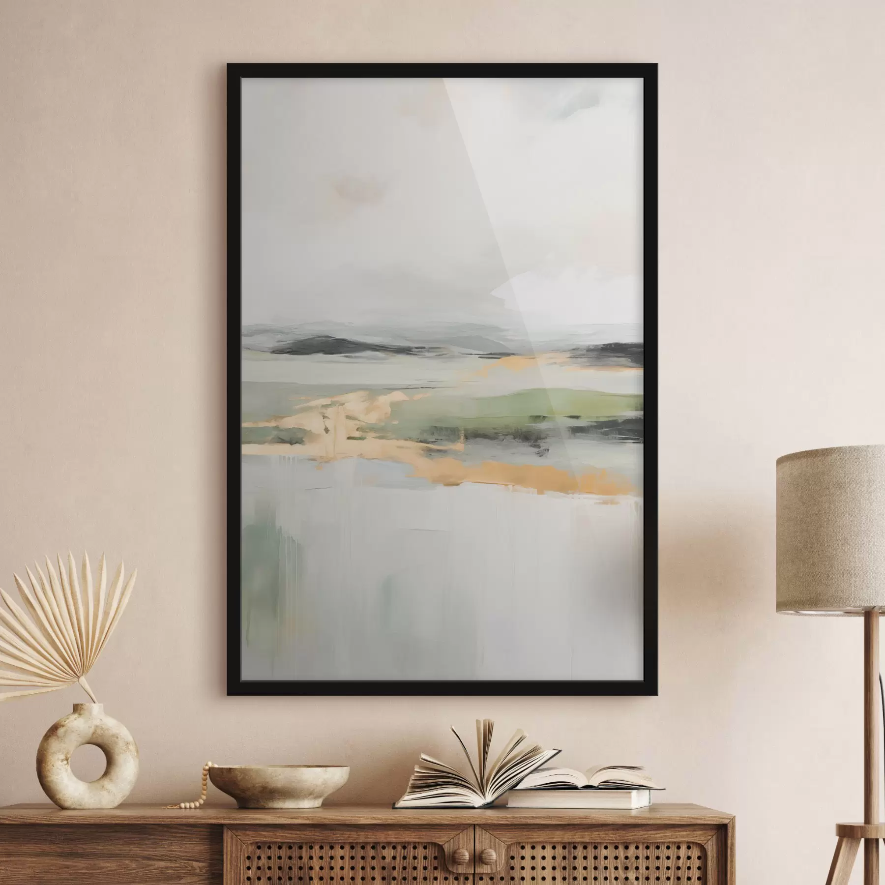 Fototapeedid Abstraktne maastik kollaste aktsentidega, minimalistlik kompositsioon maast, veest ja taevast, vaoshoitud värvidega f46269
