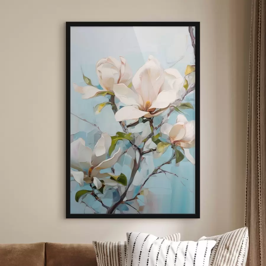 Fototapeedid Valged magnoliaõied, helesinine taust pehme pintslitõmbega, õlimaalistiilis, impasto tekstuuriga f46277