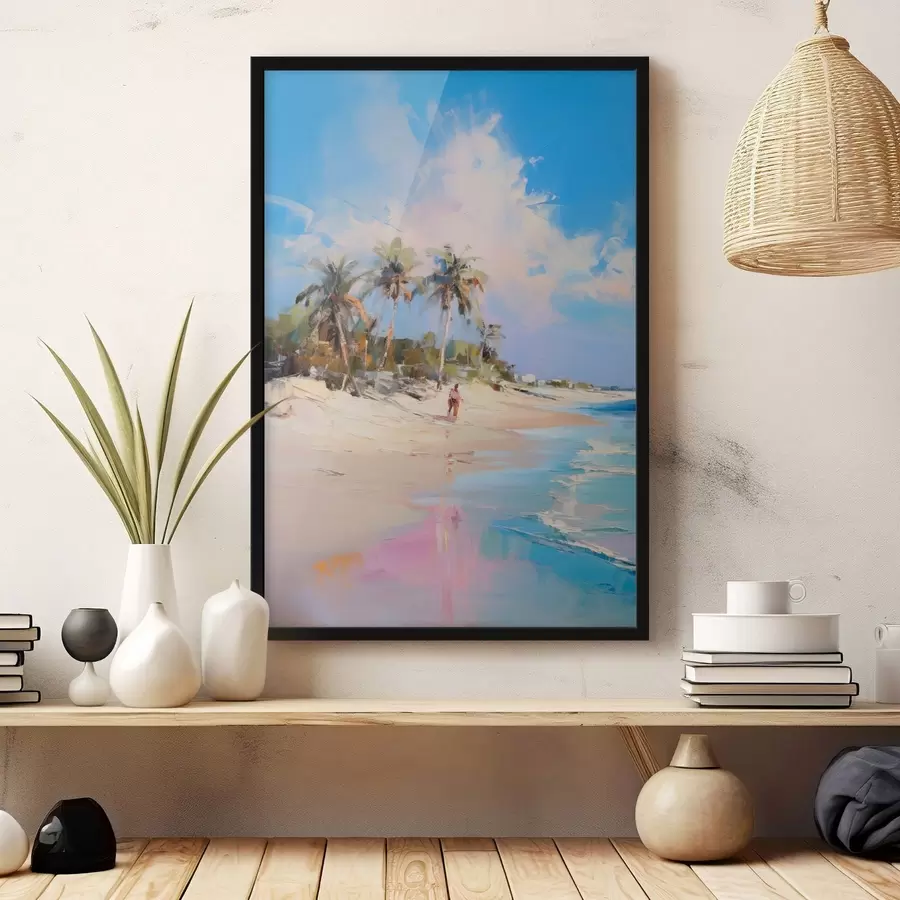 Fototapeedid Abstraktne maastik, palmipuudega rand, päikesepaisteline päev sinise taeva ja mõne pilvega f46284