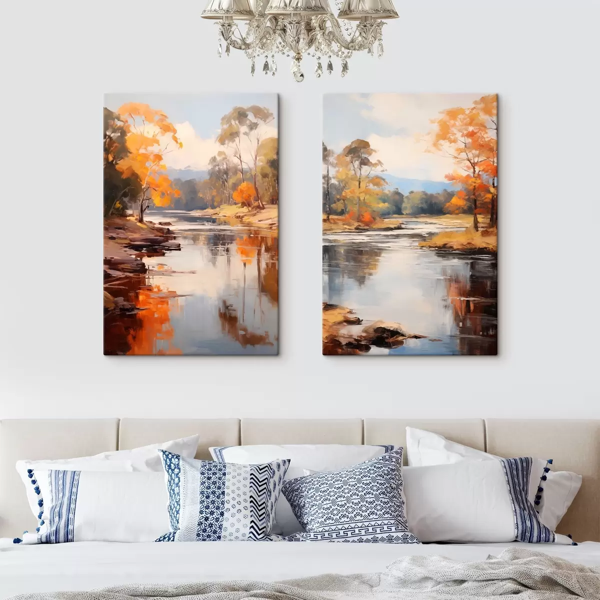 Pilt Sügisene maastik, jõgi puudega kaldal, mets taustal, peegeldused veepinnal m00883