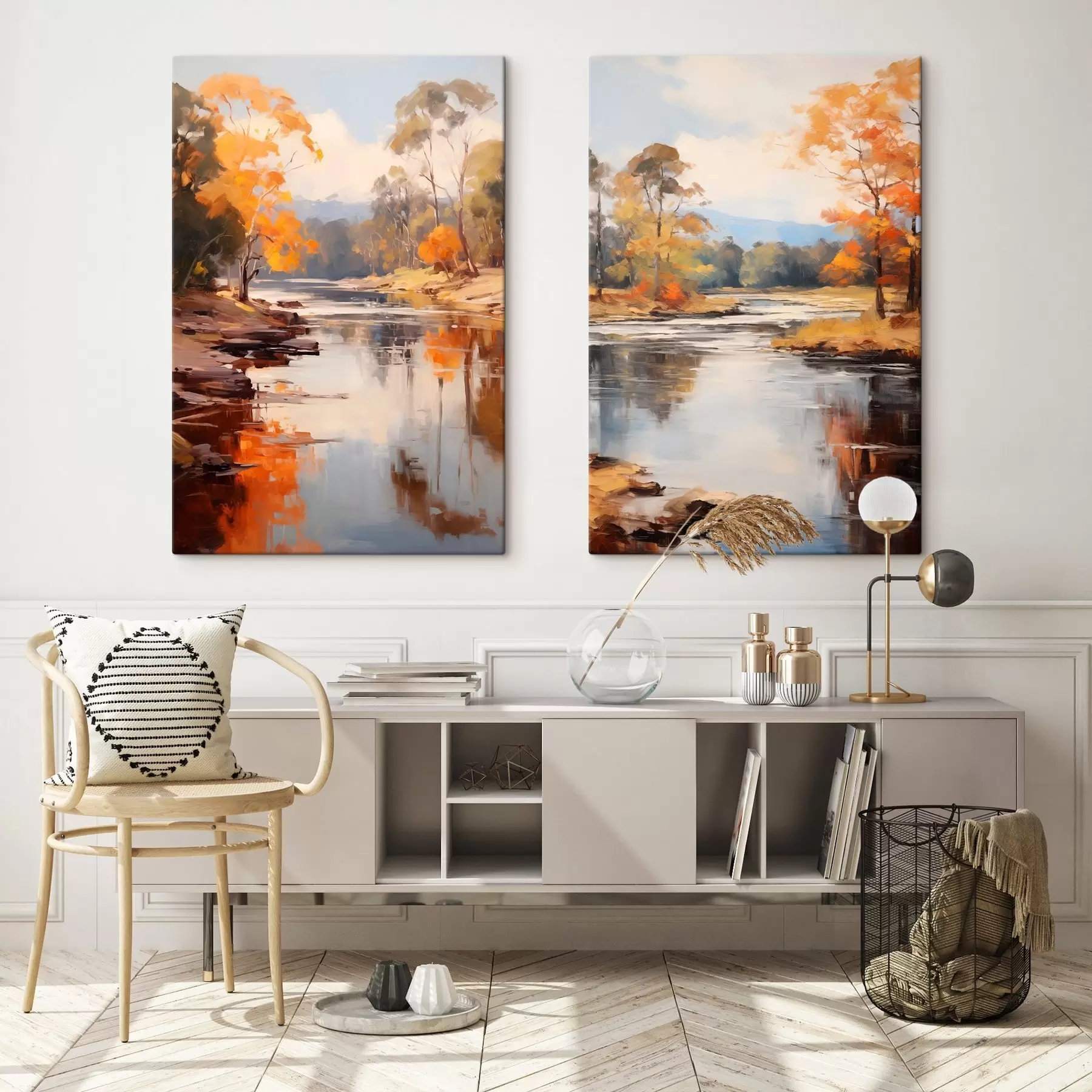 Pilt Sügisene maastik, jõgi puudega kaldal, mets taustal, peegeldused veepinnal m00883