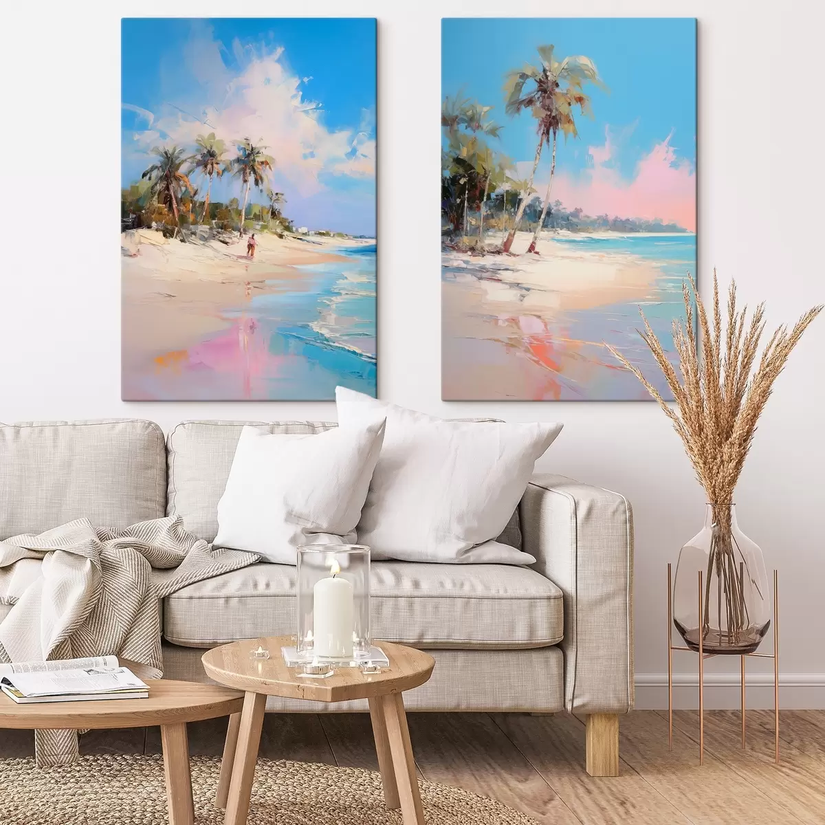 Pilt Abstraktne maastik, palmipuudega rand, päikesepaisteline päev sinise taeva ja mõne pilvega m00885