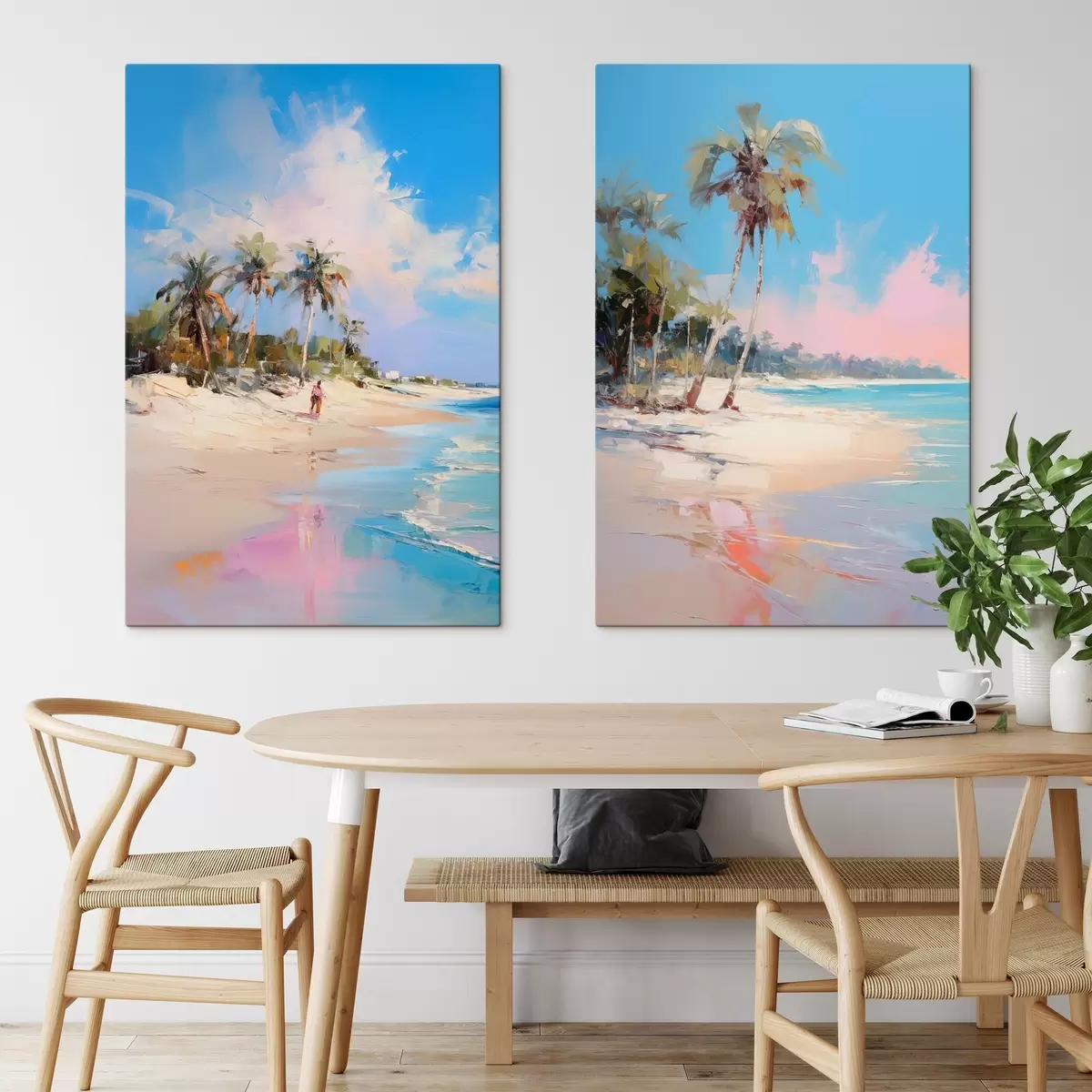 Pilt Abstraktne maastik, palmipuudega rand, päikesepaisteline päev sinise taeva ja mõne pilvega m00885