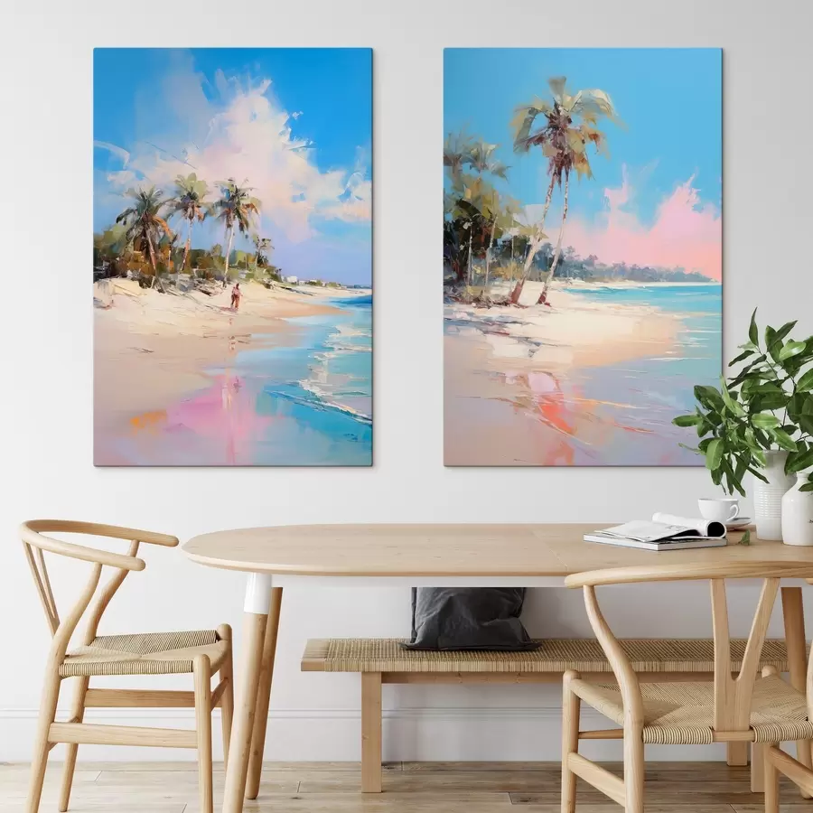 Pilt Abstraktne maastik, palmipuudega rand, päikesepaisteline päev sinise taeva ja mõne pilvega m00885