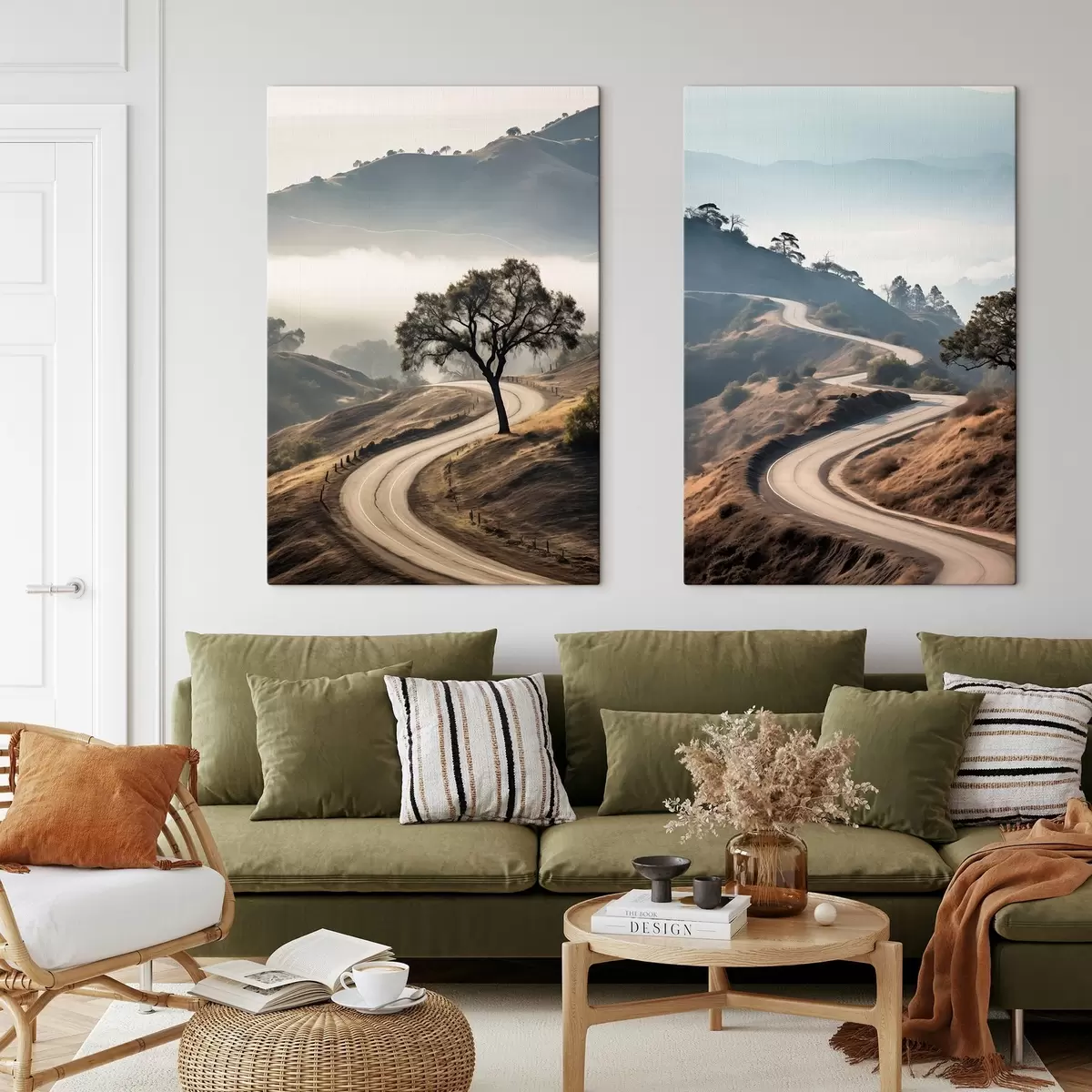 Pilt Käänuline tee läbi mägise maastiku, kus selge taeva all on kuiv rohi ja kauguses paistavad mäed m00887