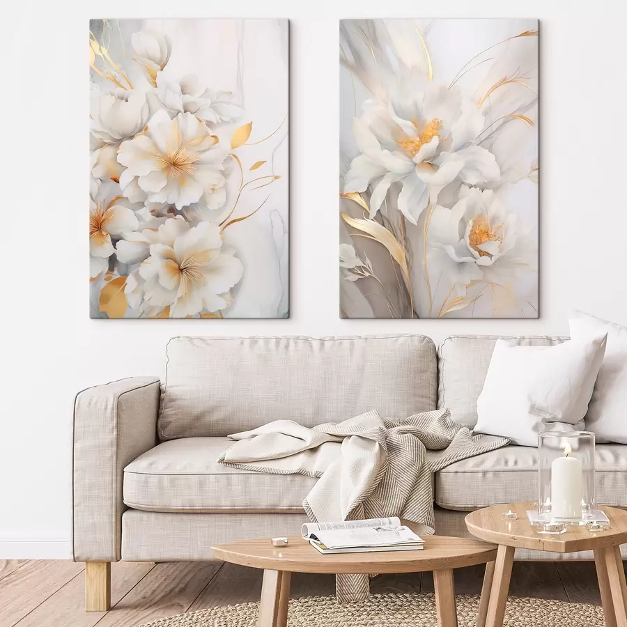 Pilt Valged lilled kollaste detailidega, õielehed peene varjundiga, hele taust peene marmoriefektiga m00889