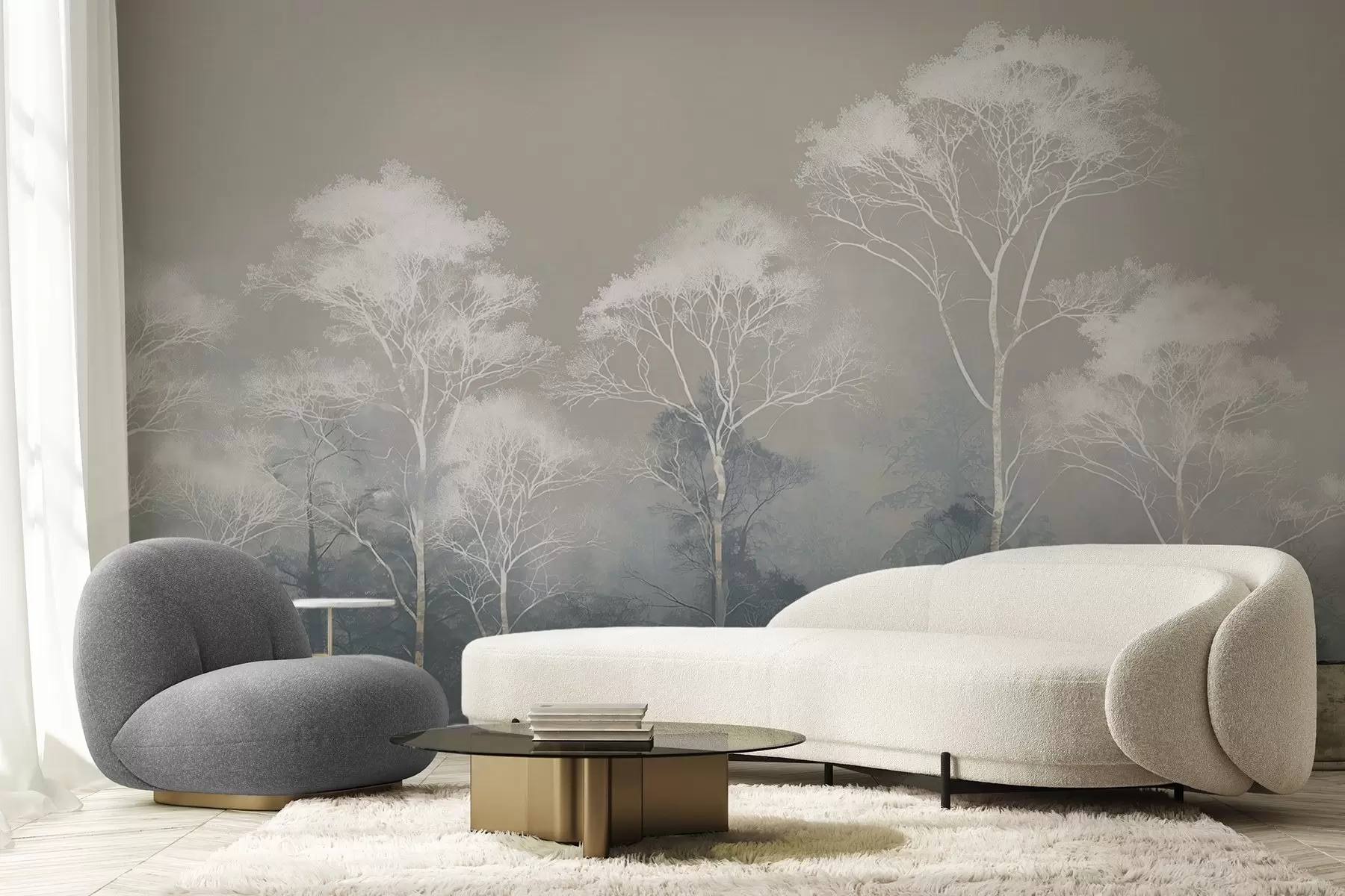 Fototapeedid Minimalistlikud puud sinakashallis värvipalettis, udus w09448