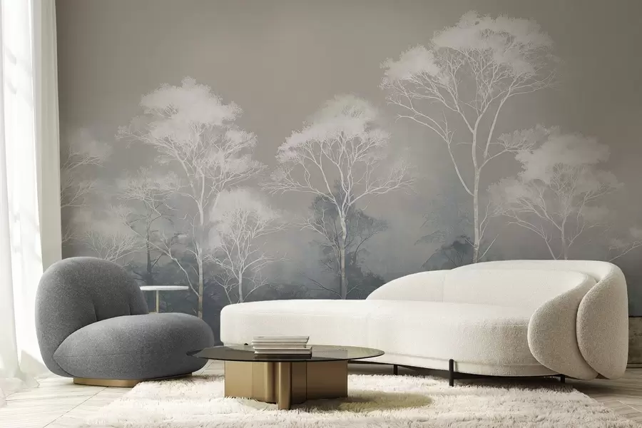 Fototapeedid Minimalistlikud puud sinakashallis värvipalettis, udus w09448