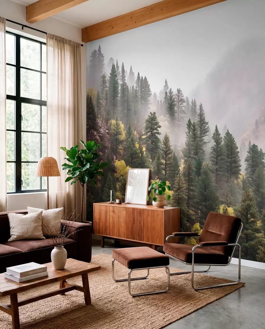 Fototapeedid Atmosfääriline udune männimets mägedes w09463