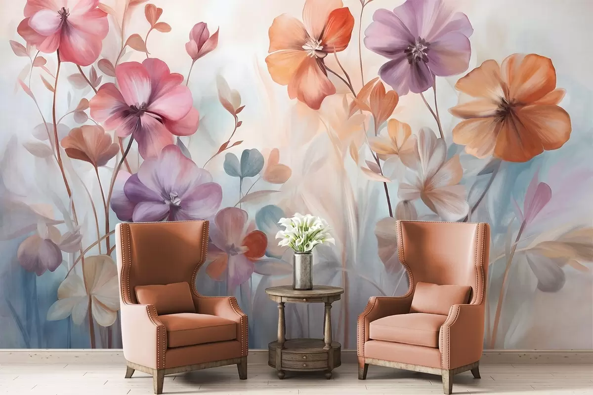 Fototapeedid Tekstuurne lillekompositsioon roosa, lilla ja oranži värvi lilledega, roheliste varte ja lehtedega, pehmed pastelltoonid w09486