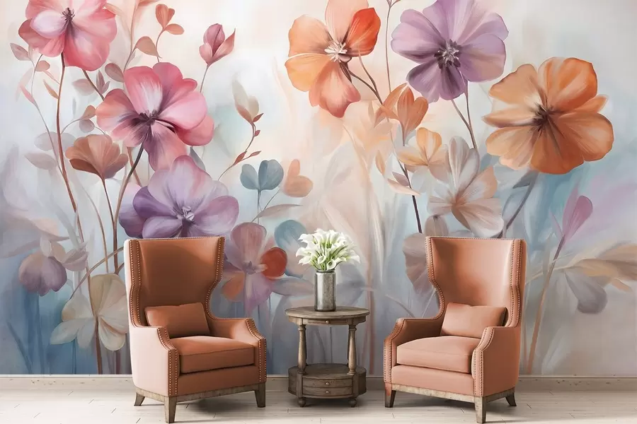 Fototapeedid Tekstuurne lillekompositsioon roosa, lilla ja oranži värvi lilledega, roheliste varte ja lehtedega, pehmed pastelltoonid w09486