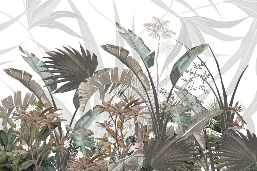 Fototapeedid Troopilised tekstuuriga lehed lilledega, palmid, plumeria lilled, pastellvärvid, valge taust, džungel w09488