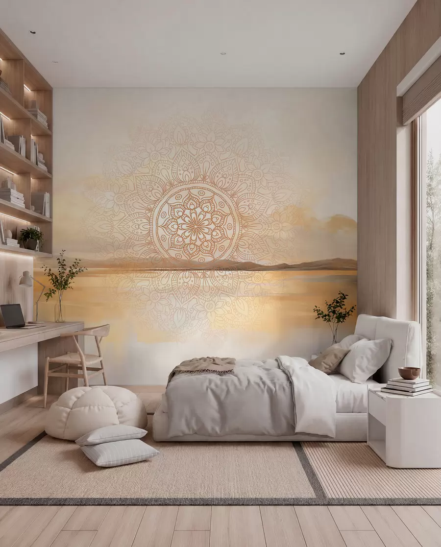 Fototapeedid Tekstuuriga sümmeetriline mandala disain, mis katab maastiku mere, mägedega ja taevaga, pehmed pastellvärvid w09491