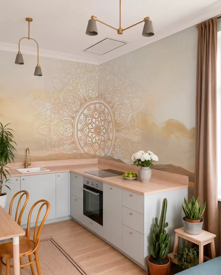 Fototapeedid Tekstuuriga sümmeetriline mandala disain, mis katab maastiku mere, mägedega ja taevaga, pehmed pastellvärvid w09491