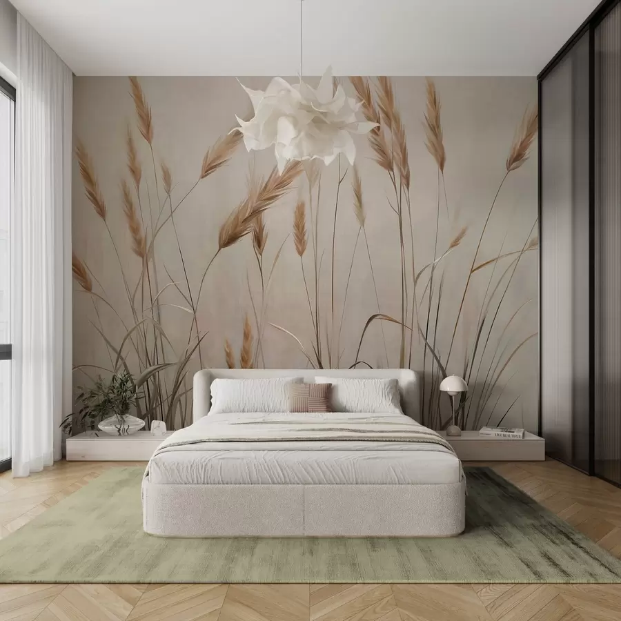 Fototapeedid Nisu tekstuuriga põld kollaste viljapeadega, beež taust, loomulik valgustus, soojad toonid, detailseid pintslitõmbed w09493