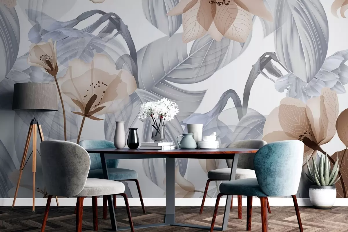 Fototapeedid Pruunid lilled ja hallid lehed, botaaniline taust, elegantne disain, pehmed värvid, kerged delikaatsed detailid w09497v1