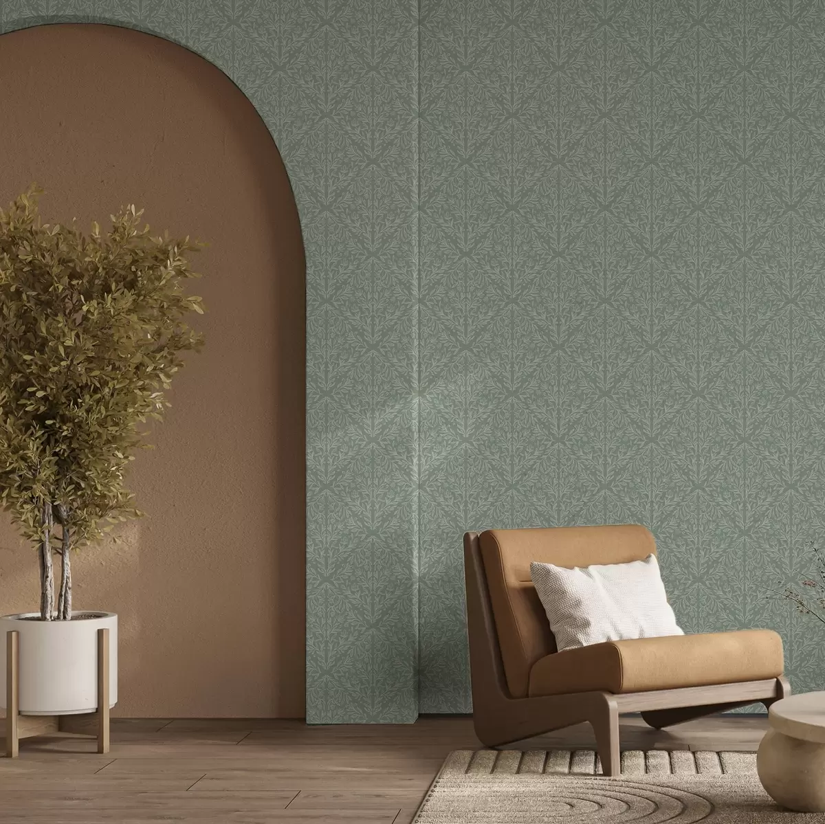 Tapeet Botaaniline damask mint-oliivi taustal a00815